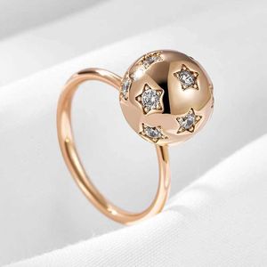 Band Rings WBMQDA Unique 585 Rose Gold Color Round Ball Ring For Women Star Shape Zircon Setting Simple Fashion Christmas Jewelry Gift 240125