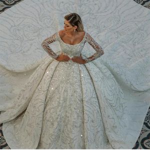 2024 Arabisch Dubai Luxus Hochzeitskleid Glitzer Perlen Langarmes Pailletten Ballkleid Brautkleider Robe de Mariage Vestido de Noivas