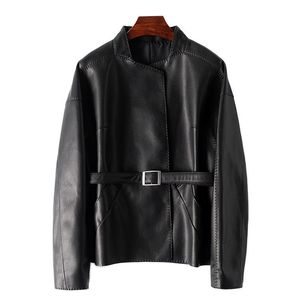 Women's sheepskin leather jacket belt fashion outerwear coats blazer tops plus size s m l black spring clothing