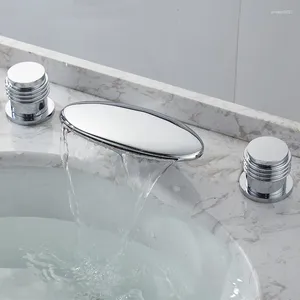 Badezimmer Waschbecken Wasserhähne MTTUZK Messing Verchromt 3 Loch Wasserfall Badewanne Wasserhahn Kalt Zwei-hand Rad Becken Stück Set