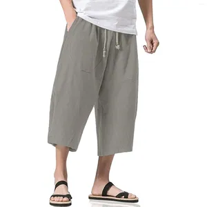 Men's Pants Mens Casual Linen Yoga Capris Elastic Waist Drawstring Wide Leg Baggy Pant Color Simple Sports Soft Pocket Trousers 2024