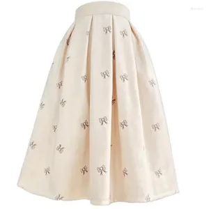 Skirts 2024 Winter Korean Women Aesthetic Vintage Elegant Celebrity Style High Waist Bows Embroidery Long Beige Skirt Woolen Thick Warm