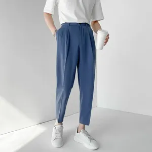 Мужские брюки, летняя мода, эластичная талия, длина до щиколотки, повседневные костюмные брюки, корейский стиль, обычная посадка, однотонные роскошные брюки, бежевые, синие