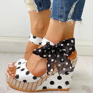 Sandallar Bayan Moda Ayakkabı Bowknot Kadın Dot Polka Platformu Kama Topuk Ayakkabıları Dantel Up Kadınlar İçin Kalan
