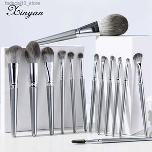 Pincéis de maquiagem XINYAN 14pcs Pincéis de maquiagem prateados Conjunto de pó cinza Blush Concealer Foundation Eyeshadow Eyeliner Eye Cosmetics Face Beauty Tools Q240126