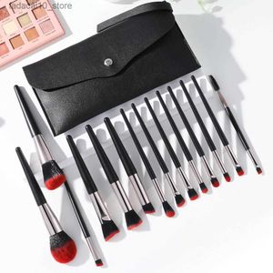 Make-up-Pinsel BANFI 14-teilig, schwarzes rotes Haar, Holzgriff, Kosmetik-Lidschatten-Pinsel-Set mit PU-Tasche, professionelles Make-up-Pinsel-Set, Werkzeuge Q240126