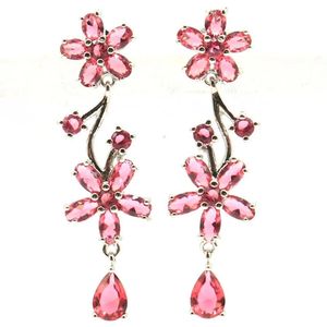 Earrings 46x13mm Street Fashion Flowers Shape Pink Raspberry Rhodolite Garnet Bride Wedding Daily Wear Silver Earrings