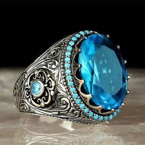 Vintage Punk Male Finger 14K White Gold Rings Oval Blue Big Stone For Men Women Silver Pattern Couple Rings Wedding Party Jewelry