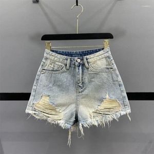 Kvinnors shorts vintage blå hög midja TASSEL ERCIDENCE DENIM för 2024 Summer Casual Slim A-Line breda benbyxor