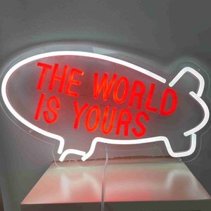 Led Neon Sign The World is Your Neon Sign Bedroom 램프 거실 어린이 십대 물고기 가벼운 게임 객실 상점 식당 클럽 홈 장식 YQ240126