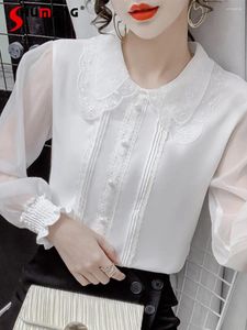 Women's Blouses 2024 Spring Design Sense Cute Doll Collar White Shirt Women Sweet Elegant Long Sleeve Chiffon Blouse Top Office Lady Blusas