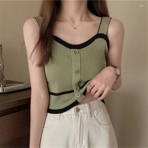 Frauen Tanks Abgeschnitten Tops Weibliche Stricken Camis Streetwear Patchwork Gerippte Leibchen Damen Ärmel Taste Kleidung Y2k Mädchen