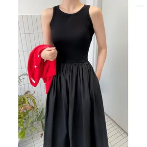 Günlük elbiseler wdmsna retro basit yuvarlak boyun elbisesi kadınlar ince düz renk dikiş büyük salıncak yeleği şık bahar kollu vestidos