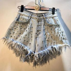 Kvinnors jeans lyxvattenborr Beading Women Denim Shorts 2024 Summer All-Match Diamonds High midjebrett ben Tassel