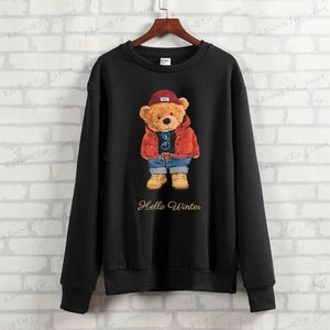 Moletons femininos com capuz Blingpaw Teddy Bear Hellow Winter Letter Impresso Unissex Crewneck Moletom Pesado Blend Crew Neck Manga Longa Roupas de Outono T240126