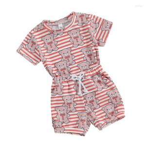 Set di abbigliamento Pantaloncini estivi per neonato e bambina Set T-shirt a maniche corte con stampa a righe con orso e abiti casual elastici