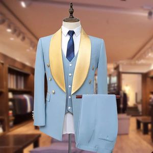Light Sky Blue Wedding Tuxedos One Button Mens Suits 3 Pieces Sets Shawl Lapel Blazers Formal Suit With Jacket Vest And Pants