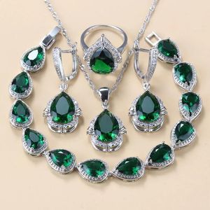 Charm 11.11 Sale Water Drop Mark Jewelry Sets with Green Cubic Zirconia Bridal Costume Necklace and Earrings for Women Wedding