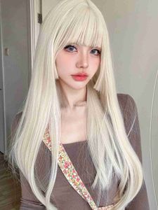 Cosplay peruker 26 tum blond platina gyllene syntetiska peruker med bang långt naturligt rakt hår peruk för kvinnor hime klipp cosplay värmebeständig