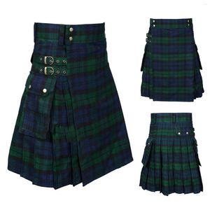Men's Pants Pleated Skirt Fashion Scottish Style Plaid Lattice Contrast Color With Pockets Gothic Male Clothes Skirts