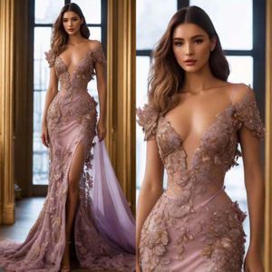 Luxury Mermaid aftonklänningar med 3D-spets Applique Side High Fork Gowns Sweep Train Party Gown Robe de Soiree Custom Made L240108