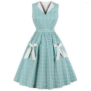 Casual Dresses Green Plaid Vintage Dress Women Check Print Bow Pockets Pin Up Vestidos Summer A-Line Cotton Party Womens Clothing 4XL