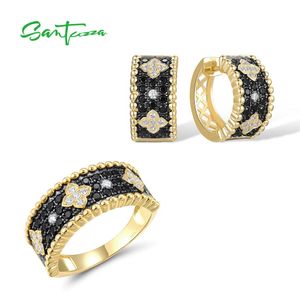 Charm Santuzza Sier Jewelry Set for Women Sparkling Black Spinel White Cz Earrings Ring Set Antique Style Party Fine Jewelry
