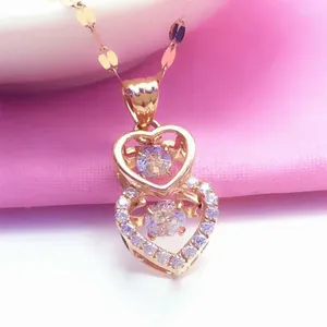 Pendant Necklaces Russian 585 Purple Gold Double Peach Heart Dynamic Sparkling Women's 18K Rose Plated Necklace Fashion Classic Set