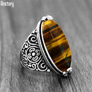 Bandringar oregelbundna naturliga Tiger Eye Rings Flower Band Stone Ring for Women Antique Silver Plated Fashion Jewelry TR665 240125