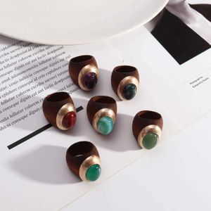 Band Rings Vintage Wooden Oval Semi Precious Gemstones Natural Stone Cocktail Rings 240125