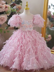 Menina vestidos rosa inchado renda borla flor bonito princesa vestido de aniversário festa de casamento para meninas