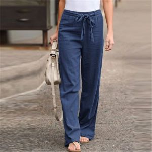 Women Cotton Linen Pants 2024 Summer Fashion Elastic Waist Loose Straight Pants Female Casual Solid Color Ankle-length Trousers