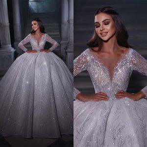 Wedding Shiny Sequins Beaded Bridal Ball Gowns Princess V Neck Long Sleeve Bride Dresses Custom Made Plus Size