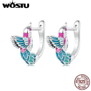 Örhängen Wostu 925 Sterling Silver Rainbow Kingfisher Bird Hoop örhängen Kvinnor 3D Drop Earring Wedding Party Jycken Gift Birds Flower