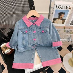 Set di abbigliamento Set di abbigliamento per bambini 2 pezzi Cappotto di jeans da ragazza Colletto con risvolto a contrasto Manica lunga Giubbotti di jeans monopetto Vita elastica Jeans dritti