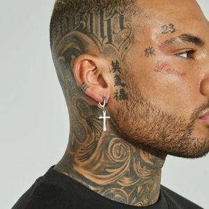 Pendientes de aro cruzados para hombre en oro blanco de 14 quilates negro con crucifijo, pendientes con bisagras, joyería masculina