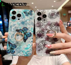 Retro Flowers Leaves Butterfly Stand Ring Buckle Phone Case For iPhone 13 Pro Max 12 11 Pro Max Deamy Shell Pattern Soft Cover6481291