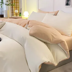 Bettwäsche-Sets, gewaschener Baumwoll-Bettbezug, Ins-Stil, hautfreundlich, weich, vierteiliges Set für nacktes Schlafen, einfarbig, Doppelblatt