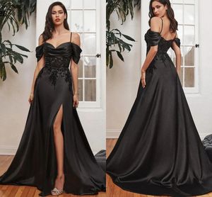 Classic Black Off Shoulder Evening Dresses With Straps Shiny Sequined Lace Appliques Pleated Women Formal Gowns Sexy Thigh Split Chic Vestidos Prom Dress CL3251