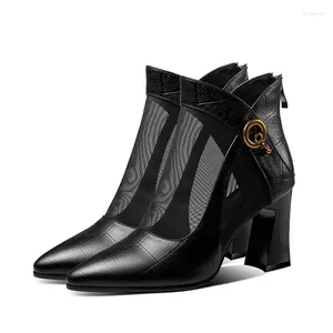 Scarpe eleganti Stivali a rete estivi da donna Stivali con cerniera con tacco alto Sandali quadrati stringati neri sexy Décolleté da donna Zapatos De Mujer