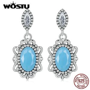 Charm Wostu 100% Sterling Sier Vintage Turquoise örhängen med zirkonsören för kvinnor Fina smycken Wedding Party Gift