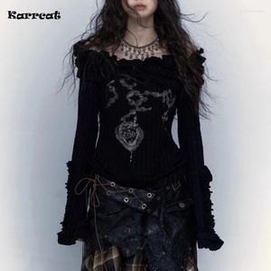 Kadınlar Tişörtler Karrcat Grunge Estetiği Örme Üstler Vintage Off Omuz Dövme Baskı T-Shirt Punk Siyah Şeritli Tişört