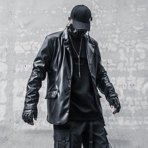 Herrspårar mörka retro Techwear Kvinnor Löst kostym Jacka Black Pu Leather High-end Fried Street