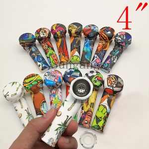 4.0" Printing Silicone Smoking Pipes Metal Lid Pot Bowl Tobacco Cigarette Holder Portable Spoon Hand Pipes Tools Smoke Accessories Hookahs Bong