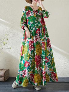 Повседневные платья из хлопка с винтажным принтом и цветочным принтом для женщин, весна-осень 2024, свободные длинные модные платья, элегантное платье, офисная одежда