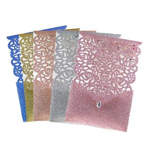 10 pçs papel glitter convites de casamento cartão laço diamante personalizado bolso cartão aniversário mariage casamento favor decoração 240122