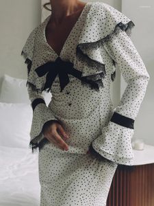 Vestidos casuais branco longo mulheres vintage polka dot vestido feminino elegante manga flare senhoras moda arco laço splice impressão vestidos