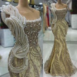 2024 ASO EBI Gold syrena sukienka Prom Sheer Neck Crystals Pearle