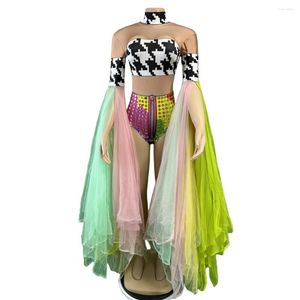 Сценическая одежда, сетчатое эластичное боди из спандекса с рюшами для женщин, фестиваль рейв, карнавал, шоу для девочек, Марди Гра, клубный трико