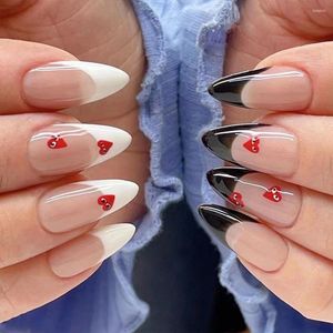 Unghie finte 24 pezzi French Simple Fake Ins Bianco bordo nero Colore nudo Cuore Nail Tips Mandorla Stick On Patch per ragazza Lady